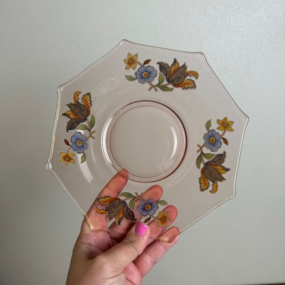 Pink Depression Applied Flocked Style Floral Design Octagon Plate - Picture 2 of 6
